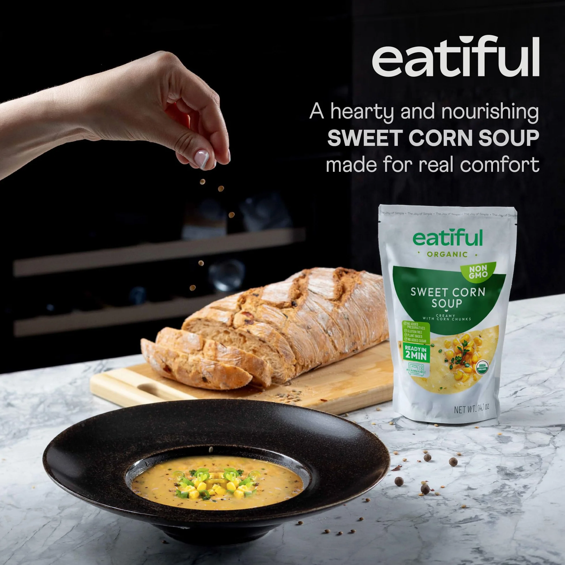 EATIFUL Sopa de Maíz Dulce, Sopa Cremosa de Maíz Dulce Lista Para Comer Con Trozos de Maíz, Elaborada con Verduras Ecológicas, de Origen Vegetal, sin Gluten y OMG, 400g (Paquete De 2 Unidad)
