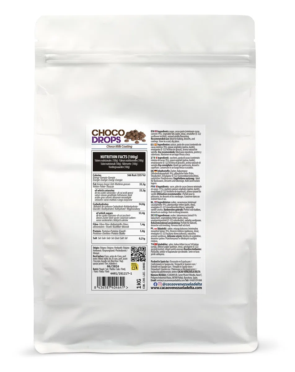 Cacao V Delta Cobertura Choco Leche Especial 1 Kg de Fácil Atemperado, Buena Fluidez y Brillo - Equivalente a Chocolate Leche Profesional Gotas - Repostería, Pastelería, Baños, Moldes y Decoraciones