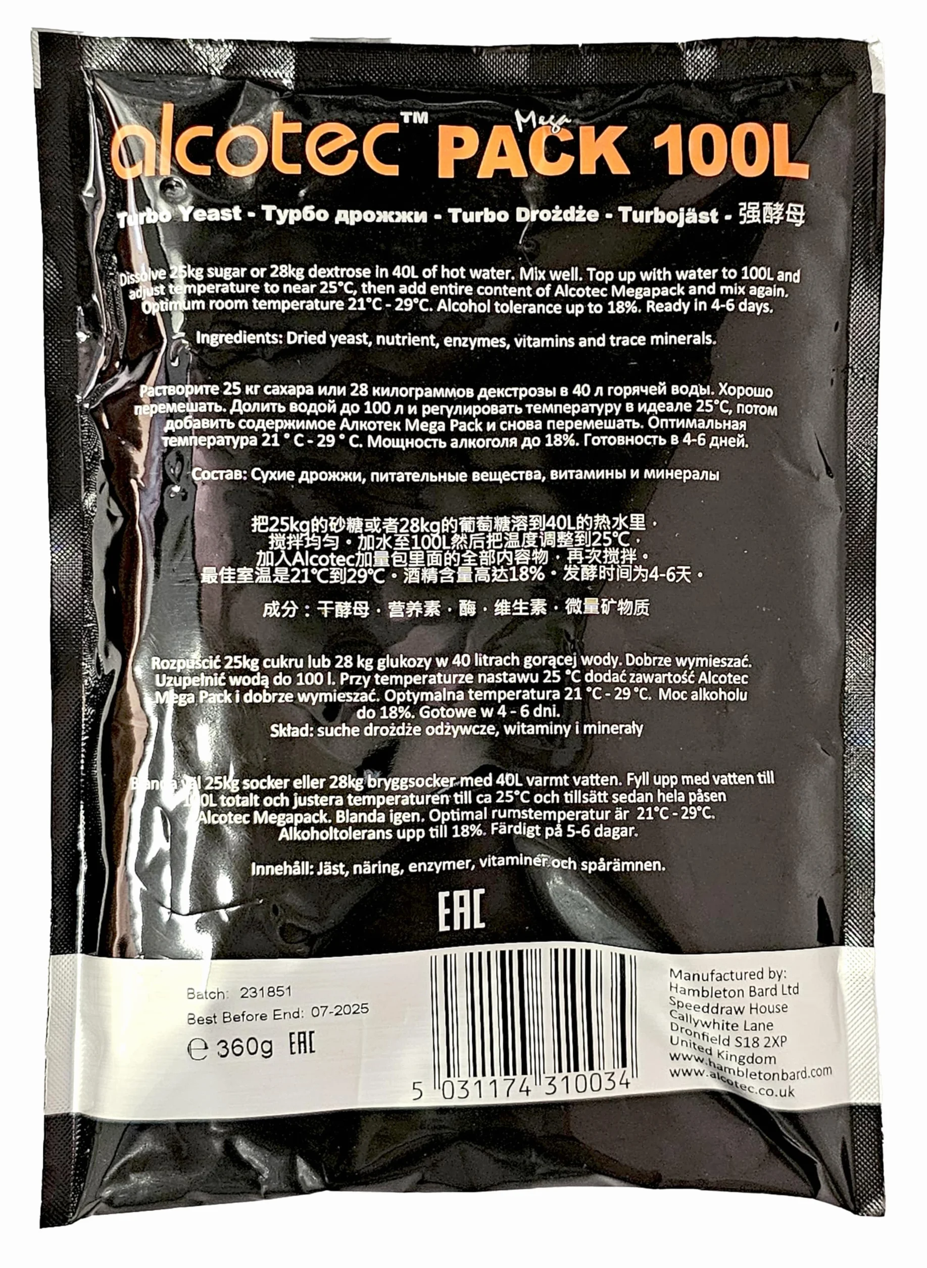 Levadura Turbo Mega Pack 360 g – Para Mostos Azucarados, Fermentación Rápida e Intensa, Hasta 100 L