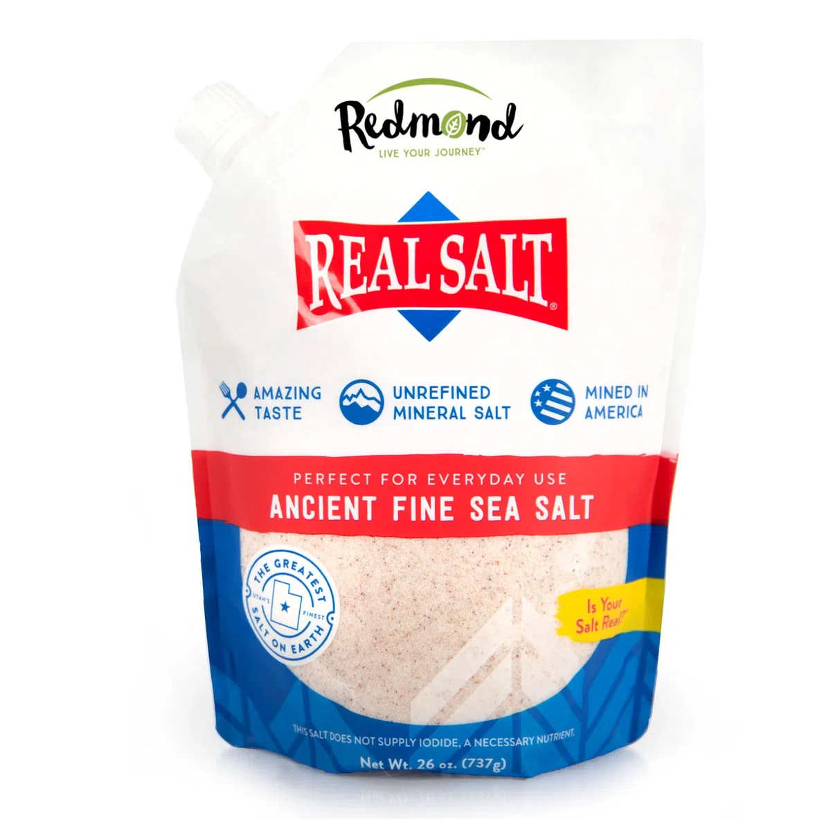 Sal fina Redmond Real Salt, bolsa de recambio de 737 g: sal marina pura y natural de Utah, sin tratar, de grano medio, rica en minerales.