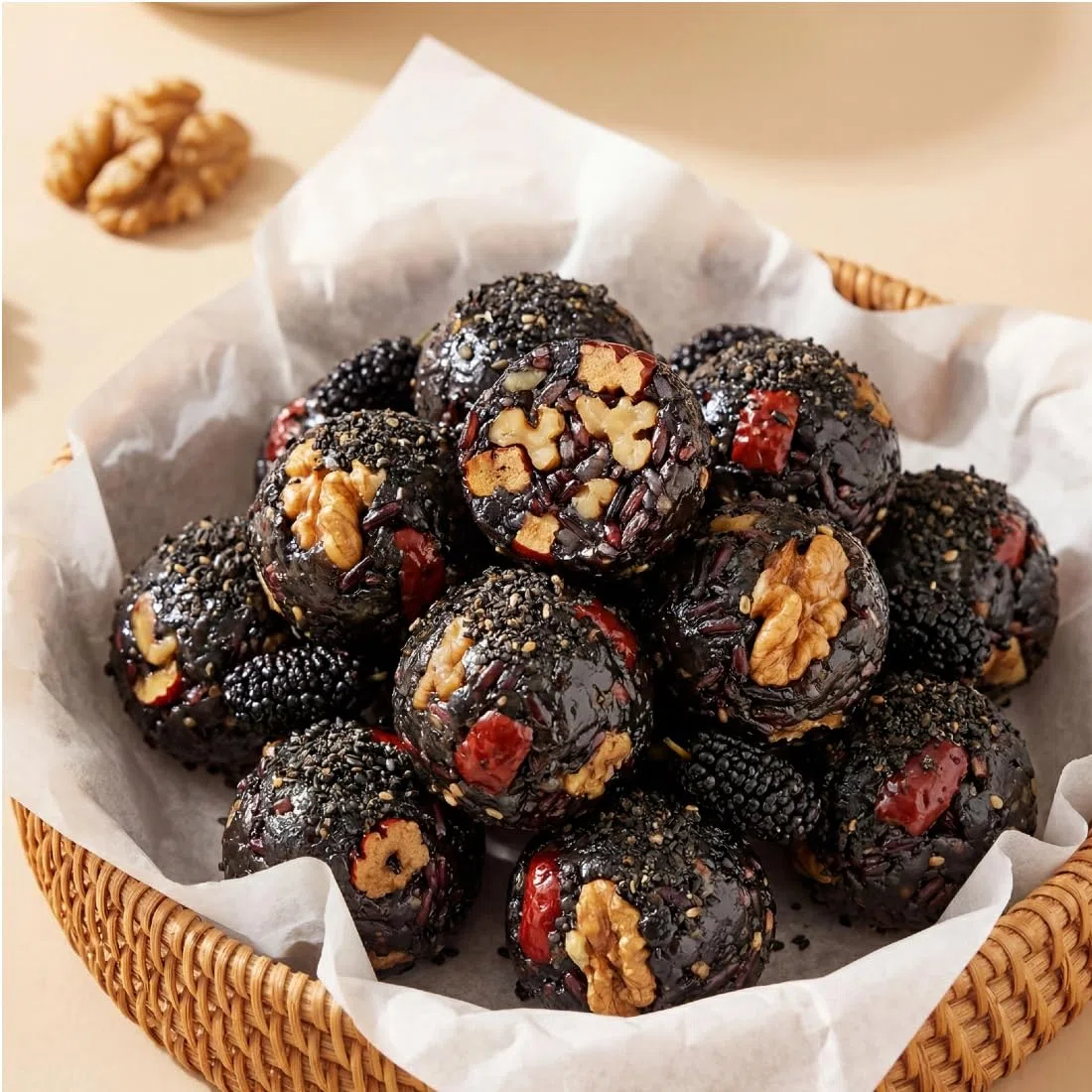 Bolas de sésamo negro con dátil rojo, bayas de goji, nueces y moras | Snack natural nutritivo con dátiles rojos, bayas de goji, nueces, moras y sésamo negro, apto para veganos y sin gluten, 200 g.