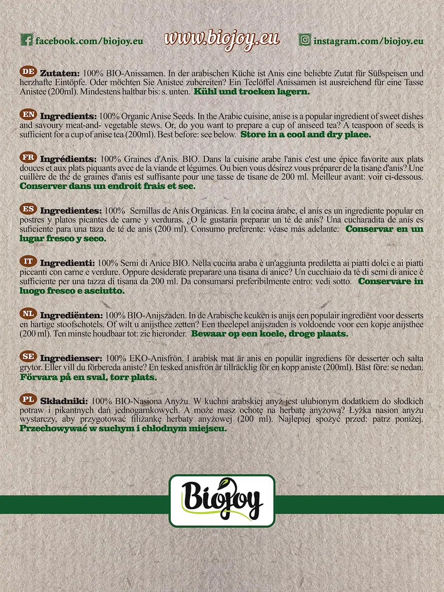 Biojoy Semillas de Anís orgánico (500 g), naturales, sin aditivos (Pimpinella anisum)