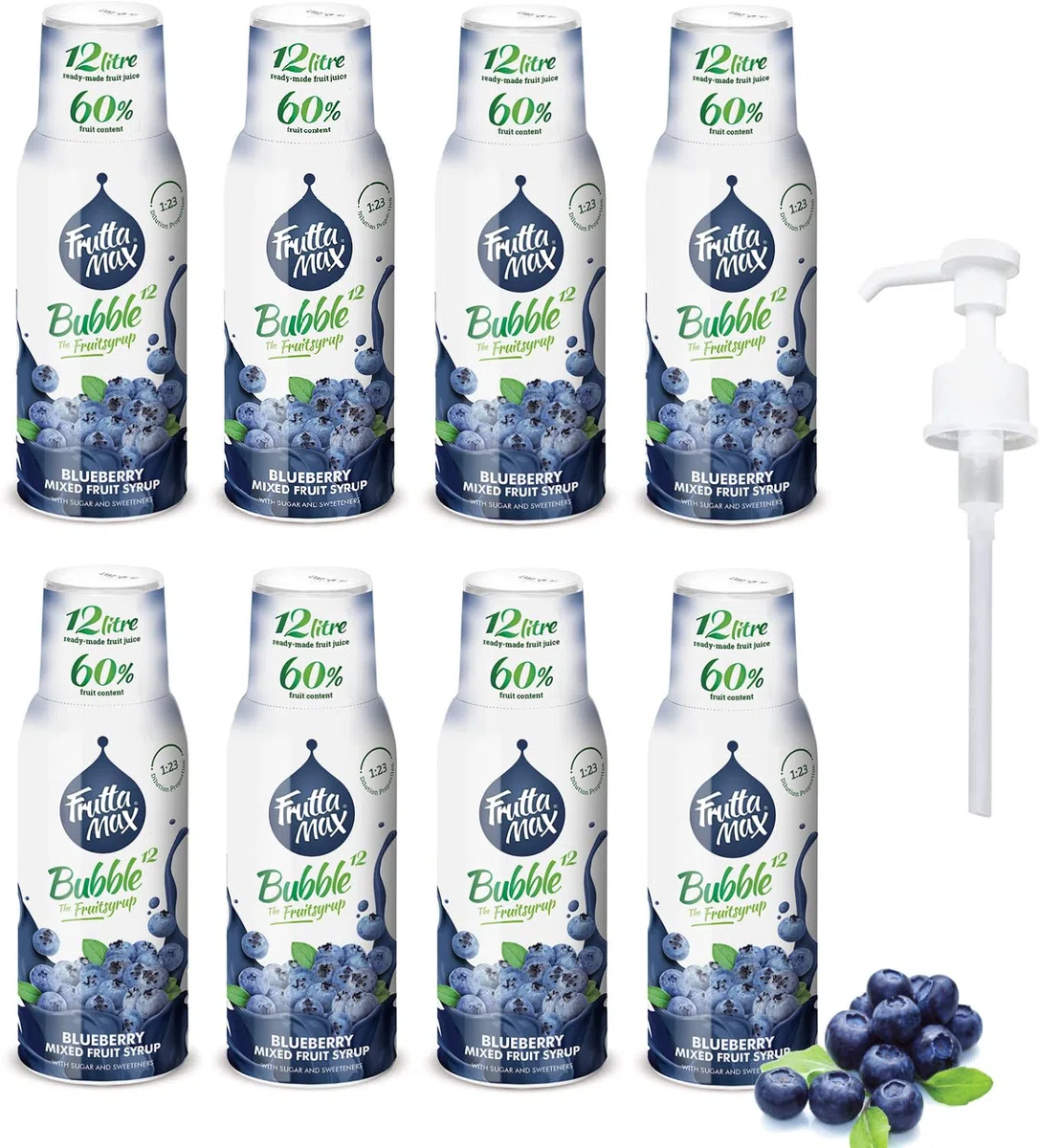 8 paquetes - FruttaMax - Concentrado de jarabe de frutas | Menos azúcar | con un 60% de contenido de fruta | adecuado para máquina de refrescos (8 x 500 ml) (8 x Arándano)