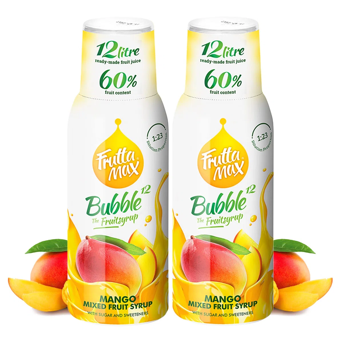 2 paquetes - FruttaMax - Concentrado de jarabe de frutas | Menos azúcar | con un 60% de contenido de fruta | adecuado para máquina de refrescos (2 x 500 ml) (2 x Mango)
