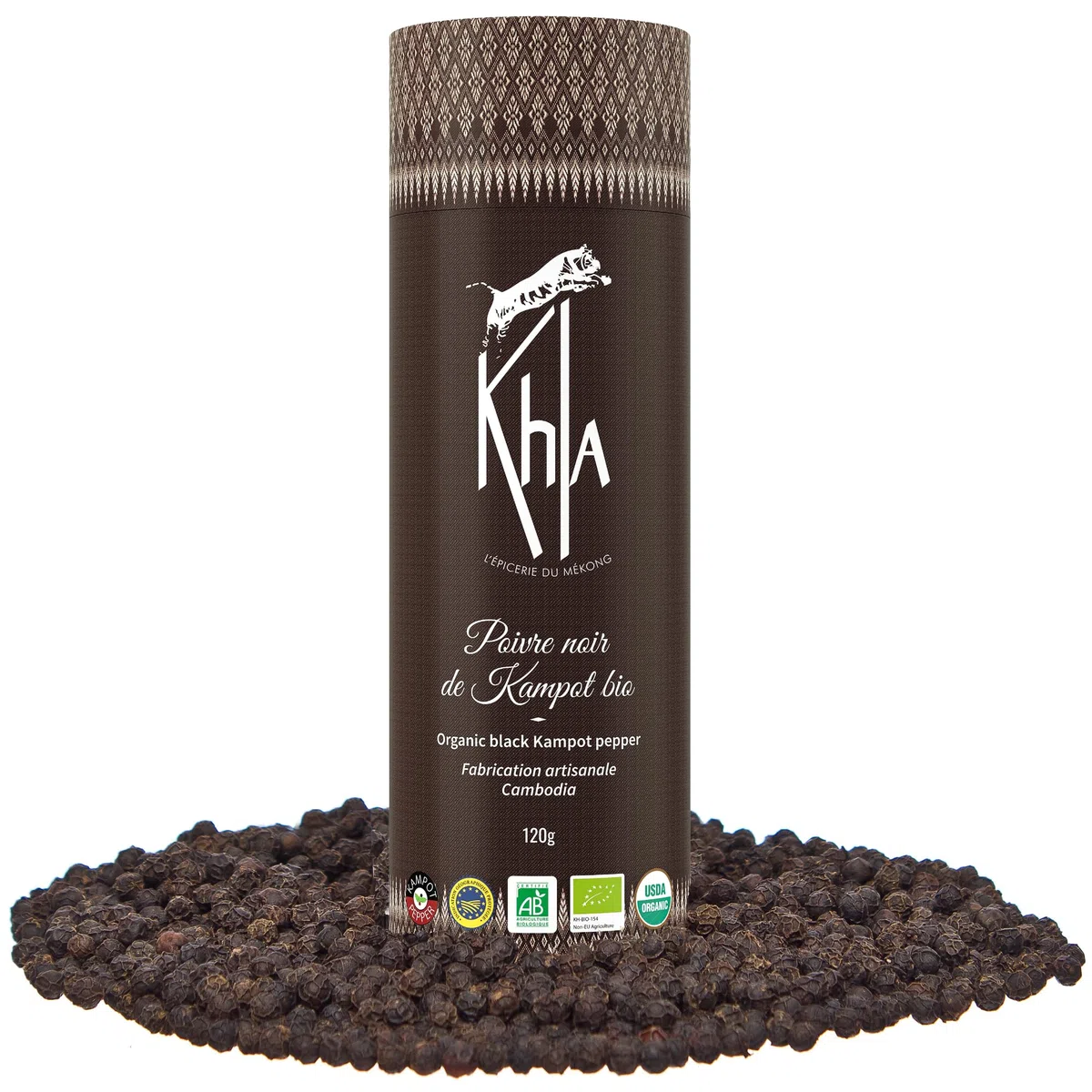 Khla - Pimienta Negra de Kampot Orgánica 120g - Pimienta en Grano - Grand Cru, Rara y Delicada - Ingrediente de Cocina - Directo del Productor - Especia Asiática - Origen Camboya
