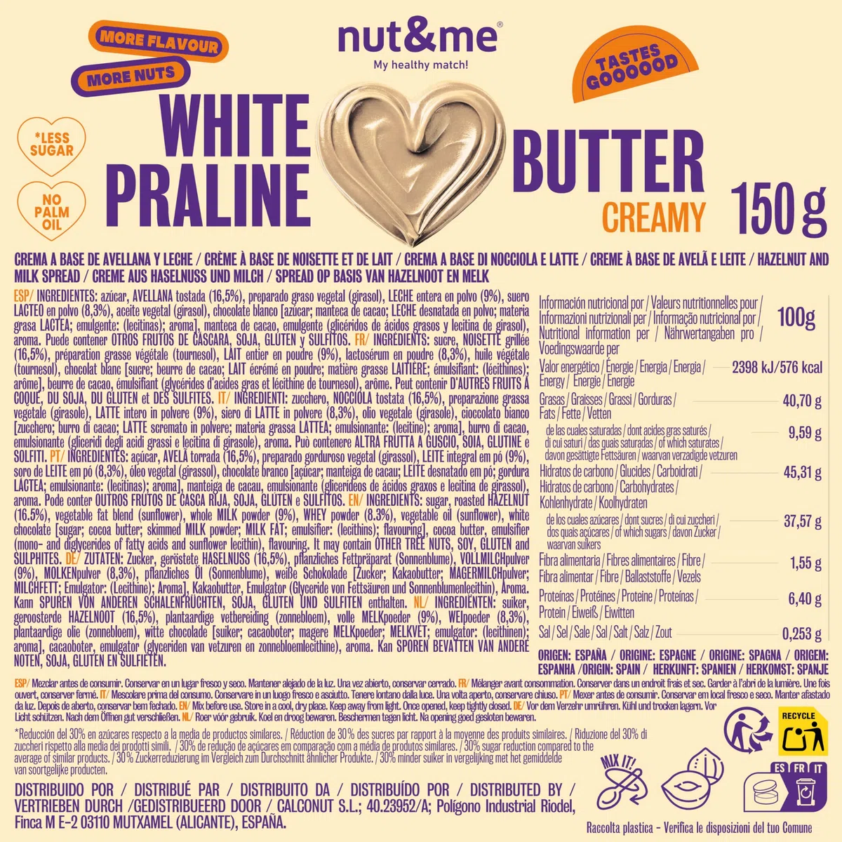 nut&me Creamy White Praline 300g nut&me | Crema con avellanas tostadas | Cremosa y deliciosa |Sin OGM | Vegetariana | Sin conservantes | Pack 2 x 150g