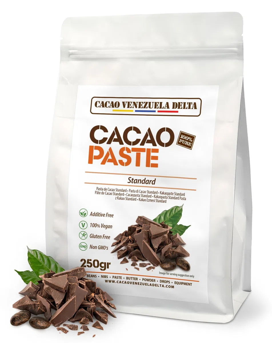 Cacao Venezuela Delta Pasta De Cacao Pura Ceremonial 250g - Chocolate Negro 100% Puro sin Azúcar para Fundir y Reposteria - Masa De Cacao Sin Gluten, Antioxidante, Vegano