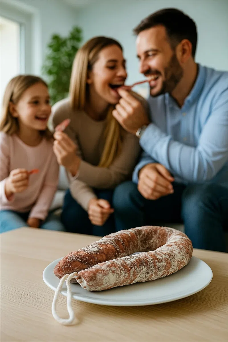 Salchichón Sarta Extra de Zamora. Salchichón Sarta de 500 grs. Picoteo salado ideal para compartir con familia/amigos. Salchichón casero. Producto artesano. Salchichón 100% Natural. Embutidos Paulino.