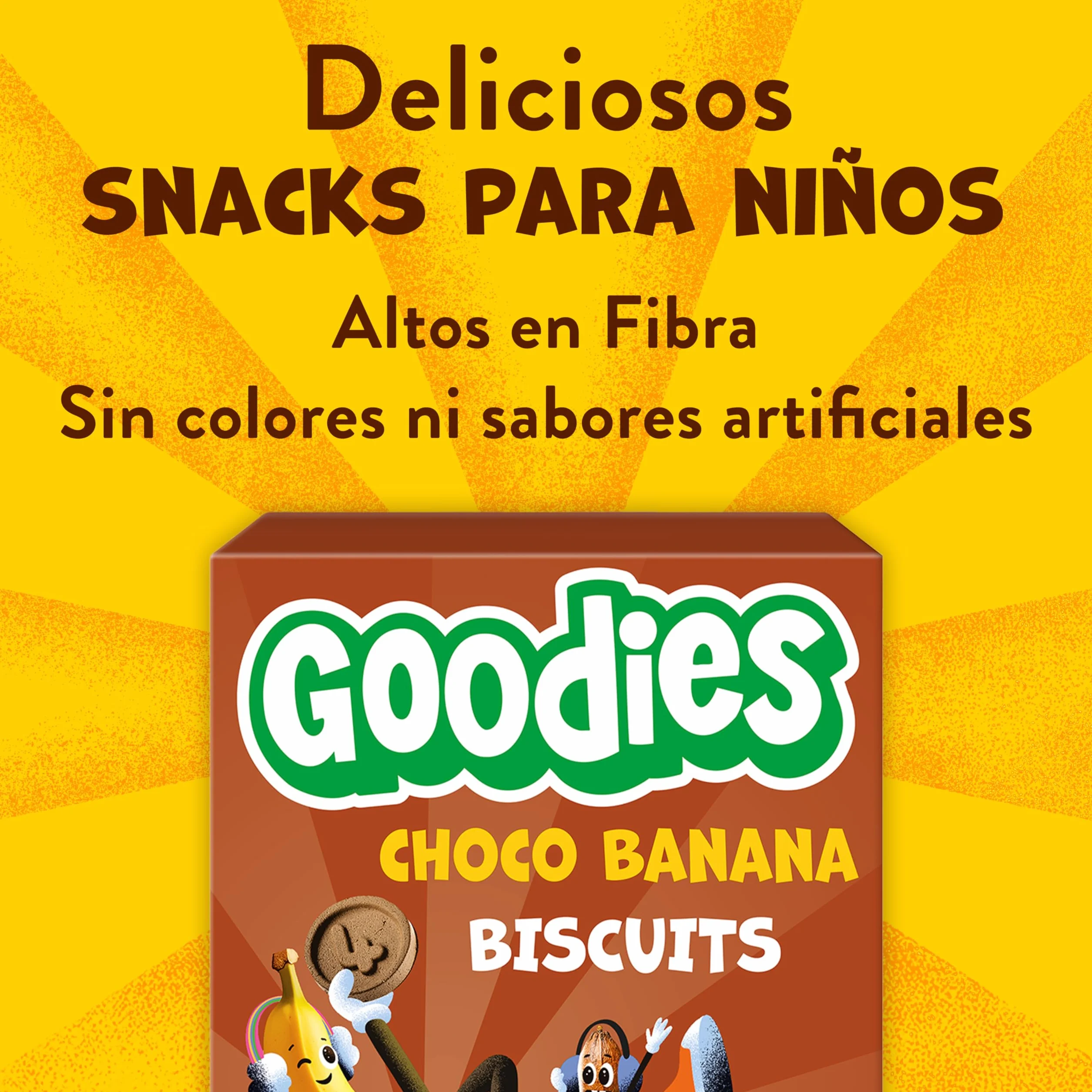 Goodies, Galletas para Niños Sabor Chocolate y Plátano, Biscuits Choco Banana Ricas en Fibra y Sin Aceite de Palma, 3 cajas 4x20g