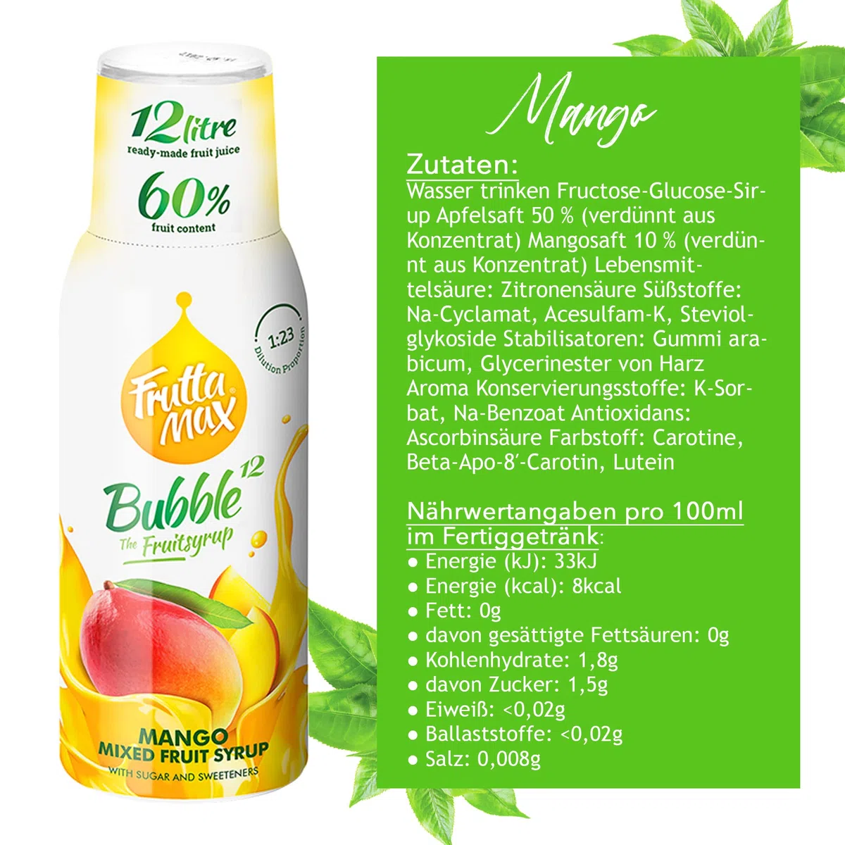 2 paquetes - FruttaMax - Concentrado de jarabe de frutas | Menos azúcar | con un 60% de contenido de fruta | adecuado para máquina de refrescos (2 x 500 ml) (2 x Mango)