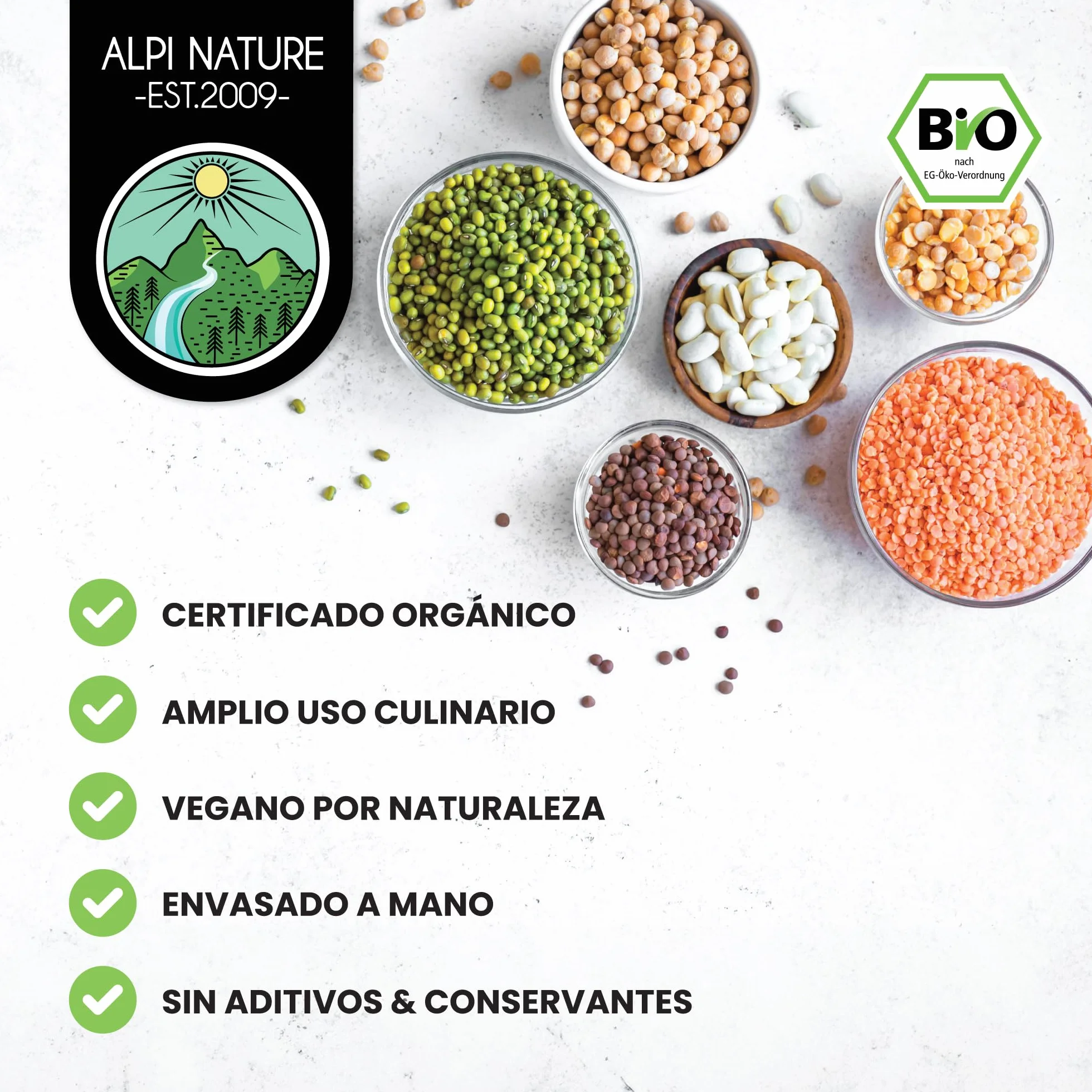 Alpi Nature Frijoles Mungo Orgánicos 1kg, Frijoles Mungo Verdes Enteros para Cocinar, sin Gluten
