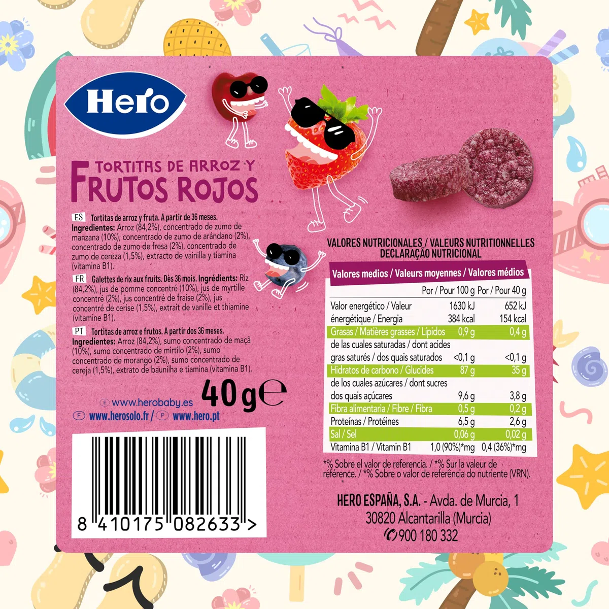 Hero Snack Tortitas de Arroz y Frutos Rojos sin aditivos ni aceite de palma- Pack de 6x40gr