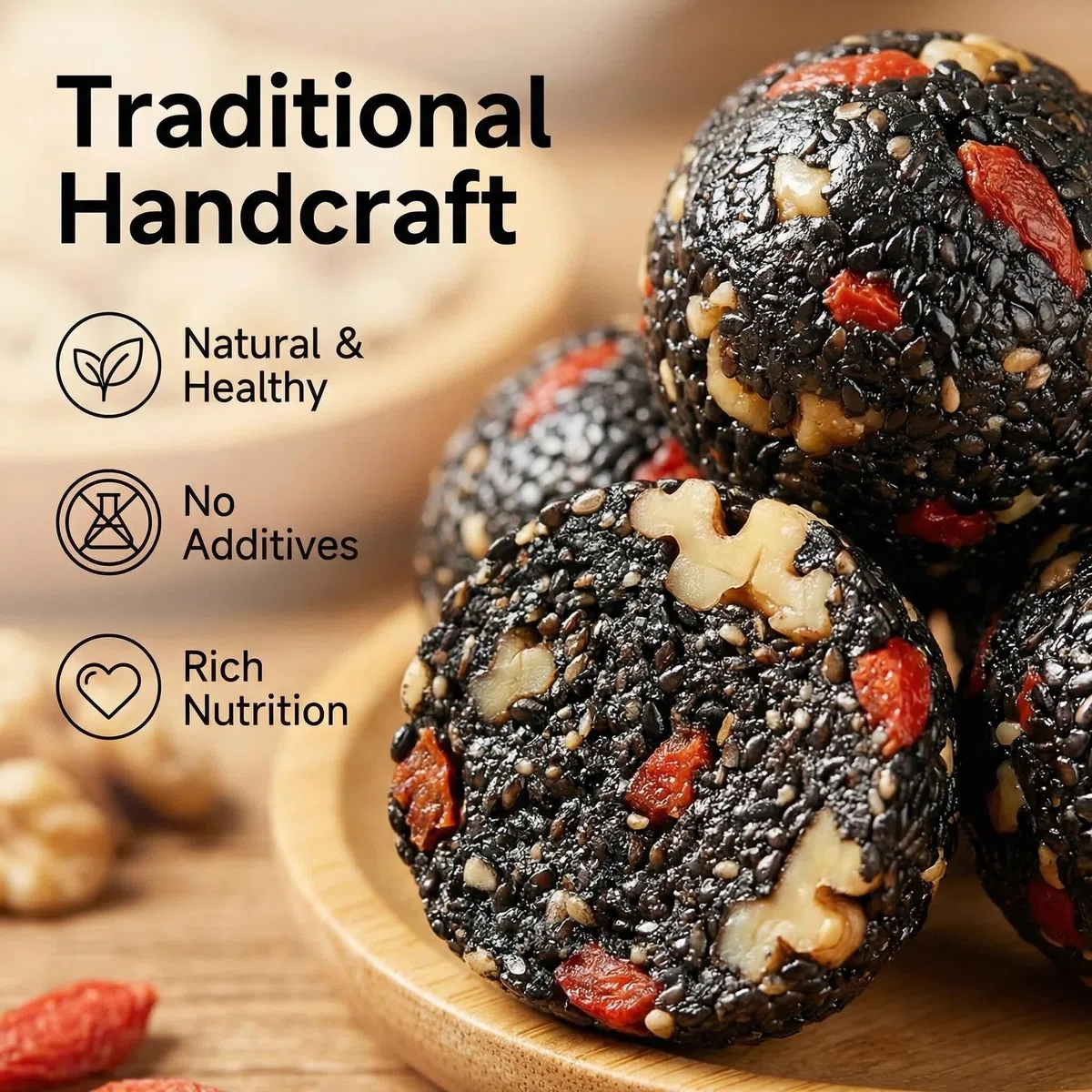 Bolas de sésamo negro con dátil rojo, bayas de goji, nueces y moras | Snack natural nutritivo con dátiles rojos, bayas de goji, nueces, moras y sésamo negro, apto para veganos y sin gluten, 200 g.