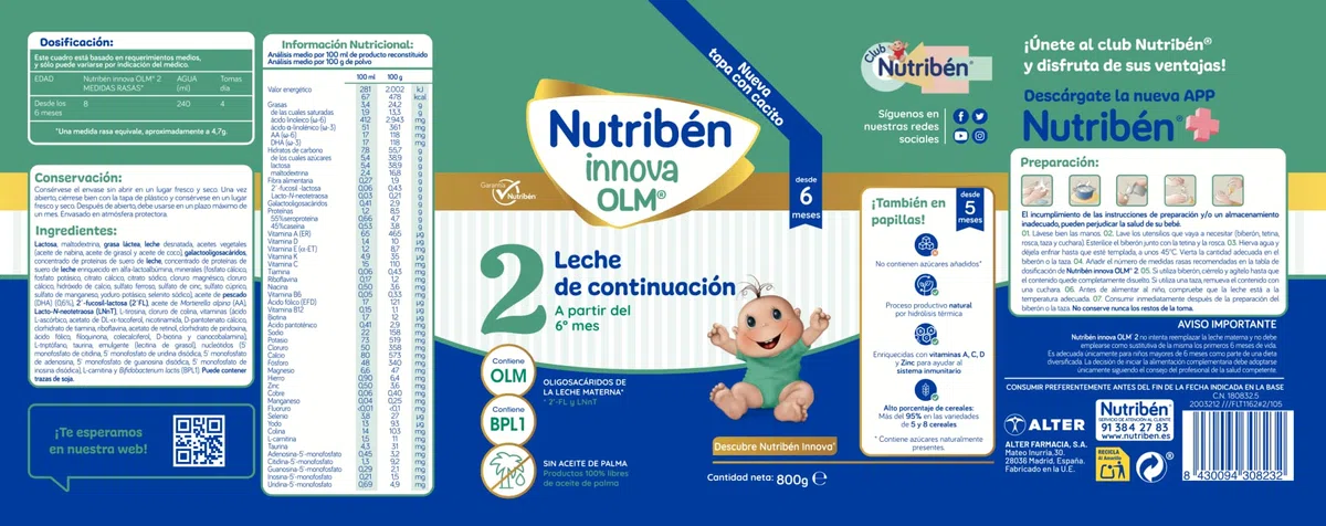 Nutribén Innova 2 - Leche de Fórmula en Polvo de Continuación | Bebé a Partir de los 6 Meses | sin Aceite de Palma | con Cacito Dosificador| Con OLM, BPL1 y DHA | 1 Bote de 800g