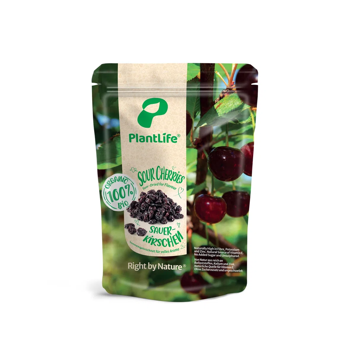 PlantLife Cerezas ácidas BÍO 1kg – cerezas naturales – crudas – sin hueso y secadas al sol - 100% reciclable