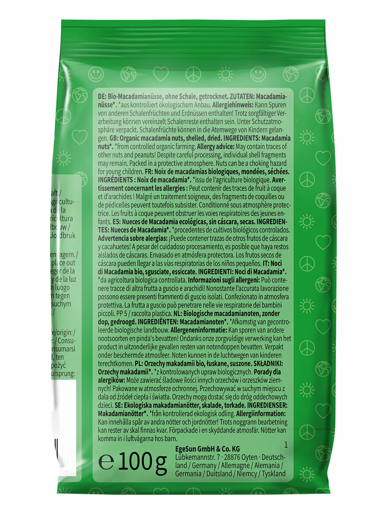 Mundo Feliz - Nueces de macadamia ecológicas crudas, 5 bolsas de 100 g
