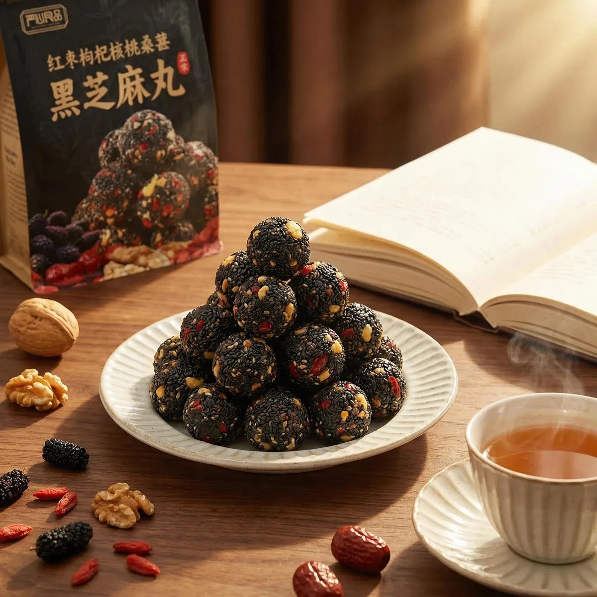 Bolas de sésamo negro con dátil rojo, bayas de goji, nueces y moras | Snack natural nutritivo con dátiles rojos, bayas de goji, nueces, moras y sésamo negro, apto para veganos y sin gluten, 200 g.