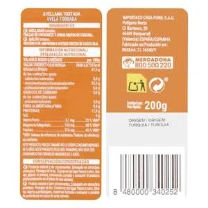 "Avellana tostada Hacendado 0% sal añadida Paquete 200 g Pack 2"