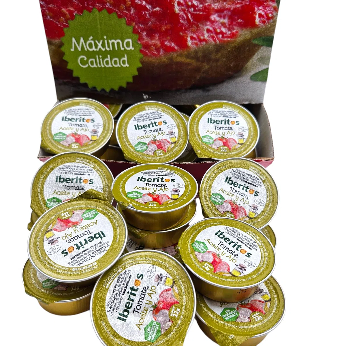 Tomate Natural Rallado con Aceite de Oliva y Ajo Monodosis Iberitos - Expositor con 120 monodosis de 22 gramos - Tomate Rallado con Aceite y Ajo - Especial Hosteleria