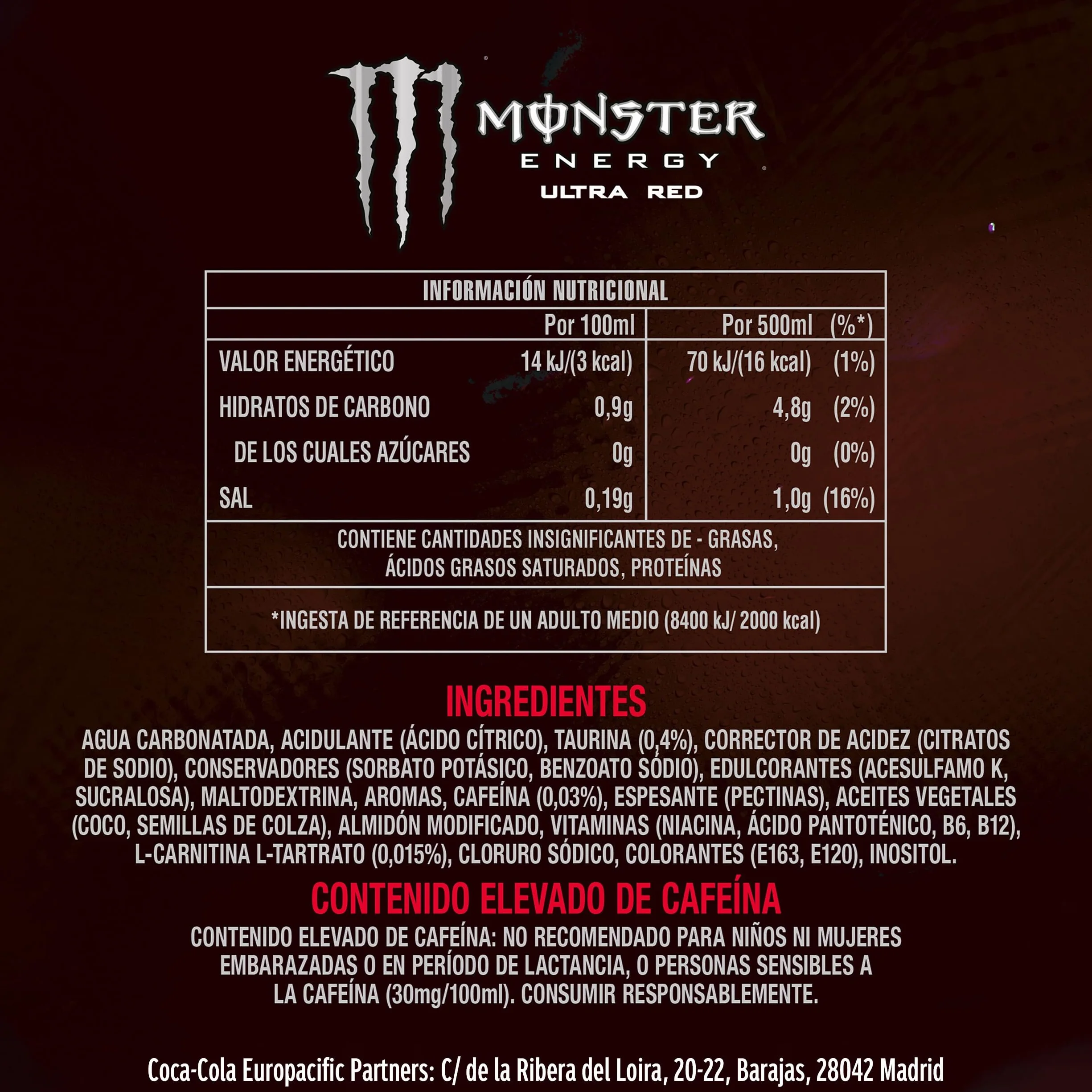 Monster Energy Ultra Red, Bebida EnergéticaPack de -12 Latas de 500ml