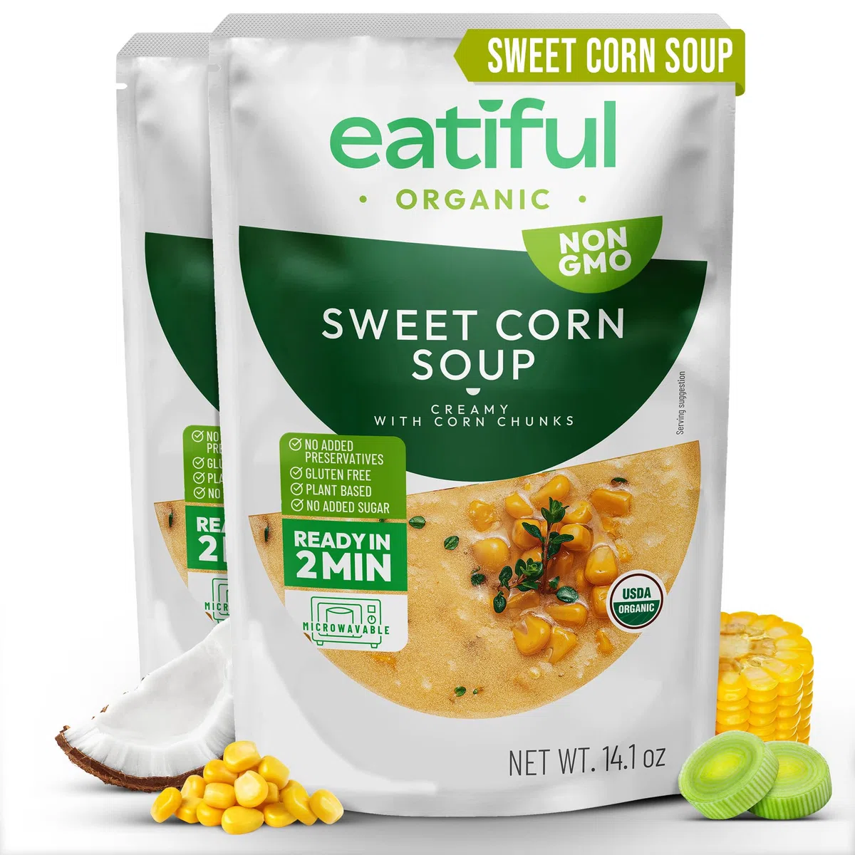 EATIFUL Sopa de Maíz Dulce, Sopa Cremosa de Maíz Dulce Lista Para Comer Con Trozos de Maíz, Elaborada con Verduras Ecológicas, de Origen Vegetal, sin Gluten y OMG, 400g (Paquete De 2 Unidad)