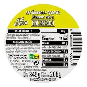 Espárragos cortos Hacendado blancos muy gruesos Tarro 345 g (205 g escurrido) Pack 2