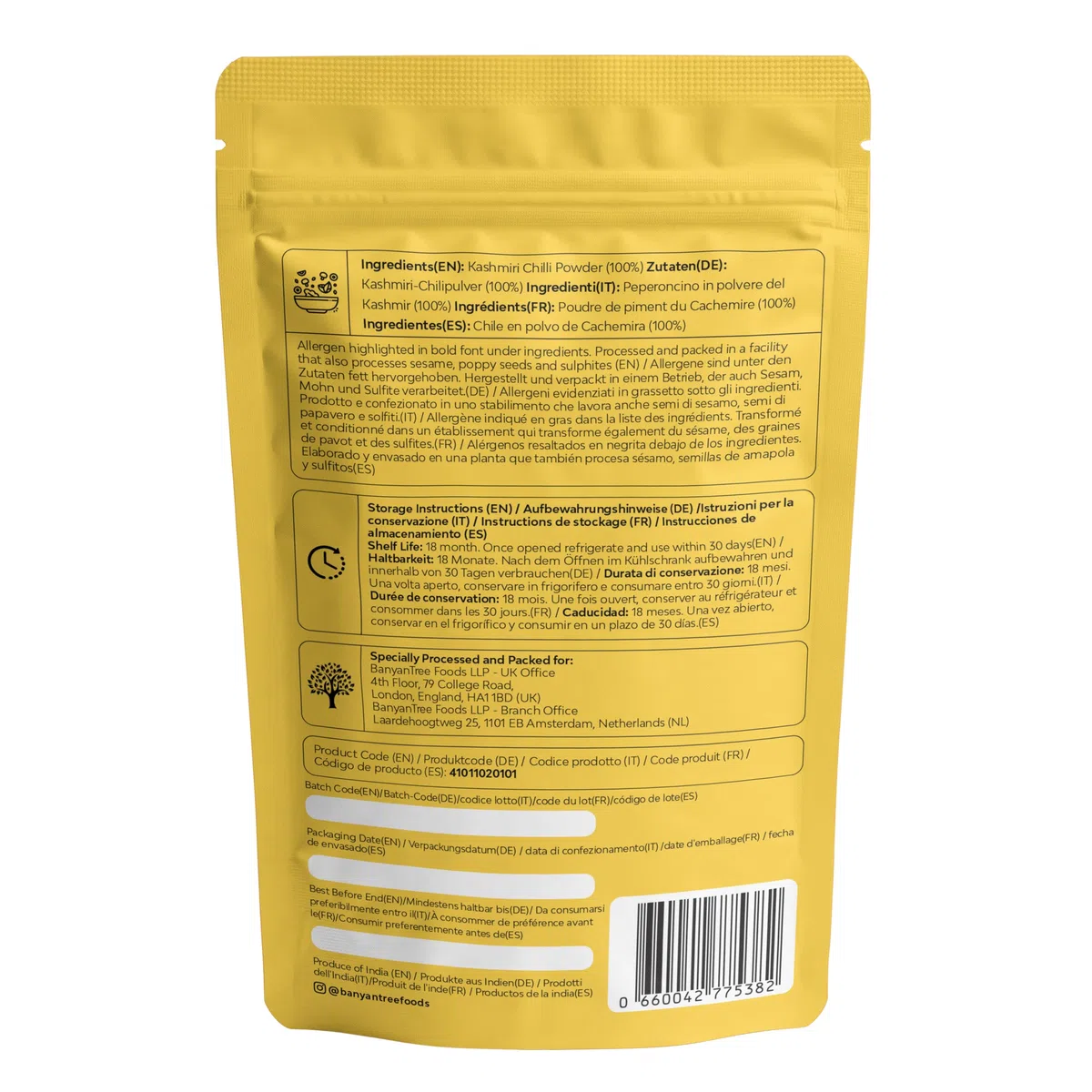 BanyanTree Foods Chiles rojos de Cachemira (Kashmiri Chilli Powder) 500g