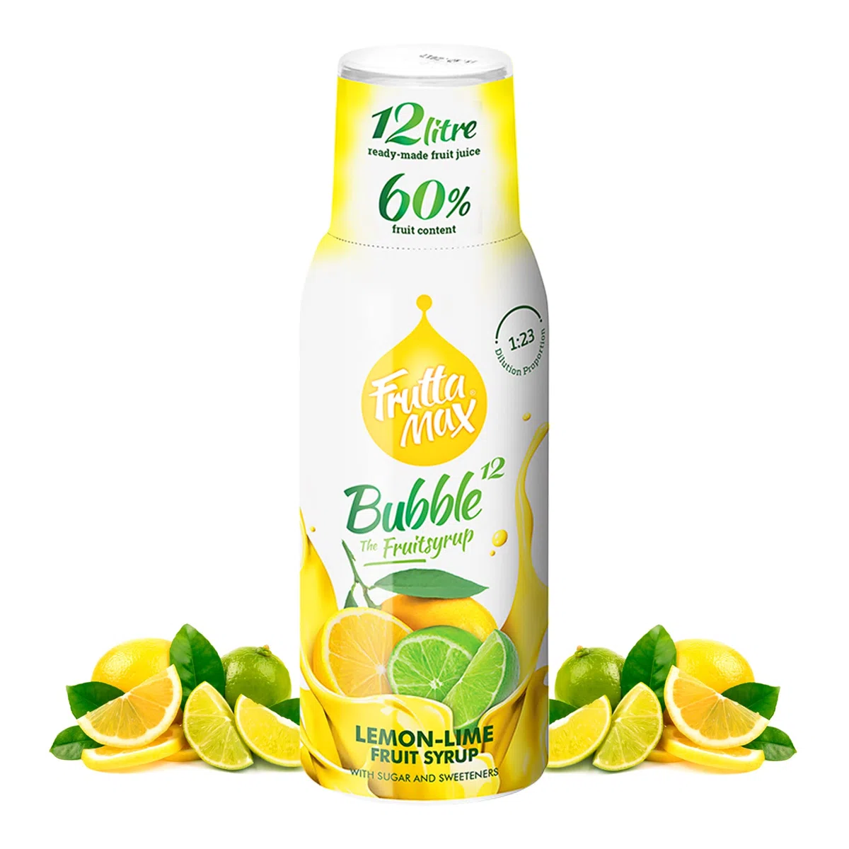 FruttaMax - Concentrado de jarabe de frutas | Menos azúcar | con un 60% de contenido de fruta | adecuado para máquina de refrescos 500ml (Limón-Lima)