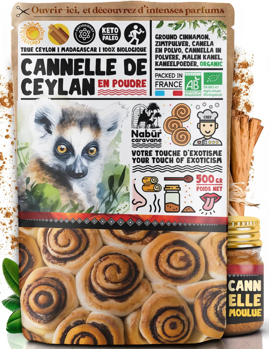 Nabür - 500 gr Canela de Ceilán Orgánico Bio en Polvo de Madagascar, Canela molida de Ceilán Biologico