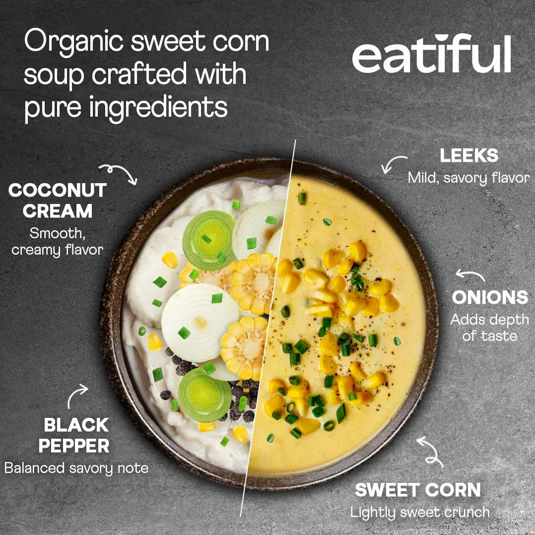EATIFUL Sopa de Maíz Dulce, Sopa Cremosa de Maíz Dulce Lista Para Comer Con Trozos de Maíz, Elaborada con Verduras Ecológicas, de Origen Vegetal, sin Gluten y OMG, 400g (Paquete De 2 Unidad)