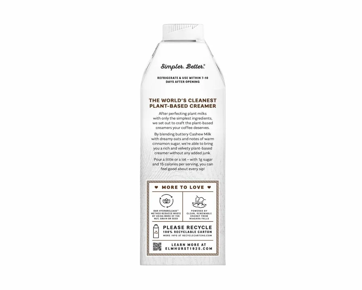 Elmhurst 1925 Cinnamon Churro Cashew Creamer – Crema vegana con notas de canela – Cremosa y versátil – Ideal para café, té, postres y más – 750 ml