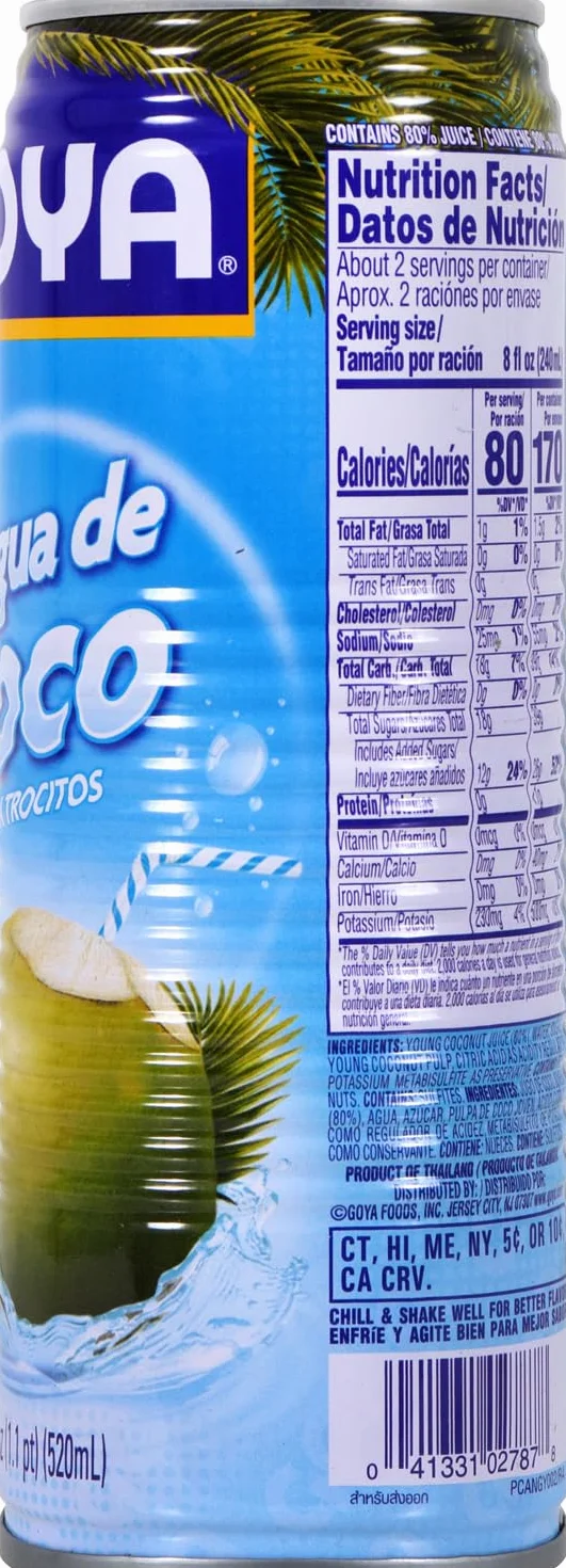 Goya Agua de Coco 520 ml, Refrescante Agua de Coco Natural con Trocitos de Pulpa, Sabor Tropical, Hidratante y Reconstituyente con Electrolitos y Minerales