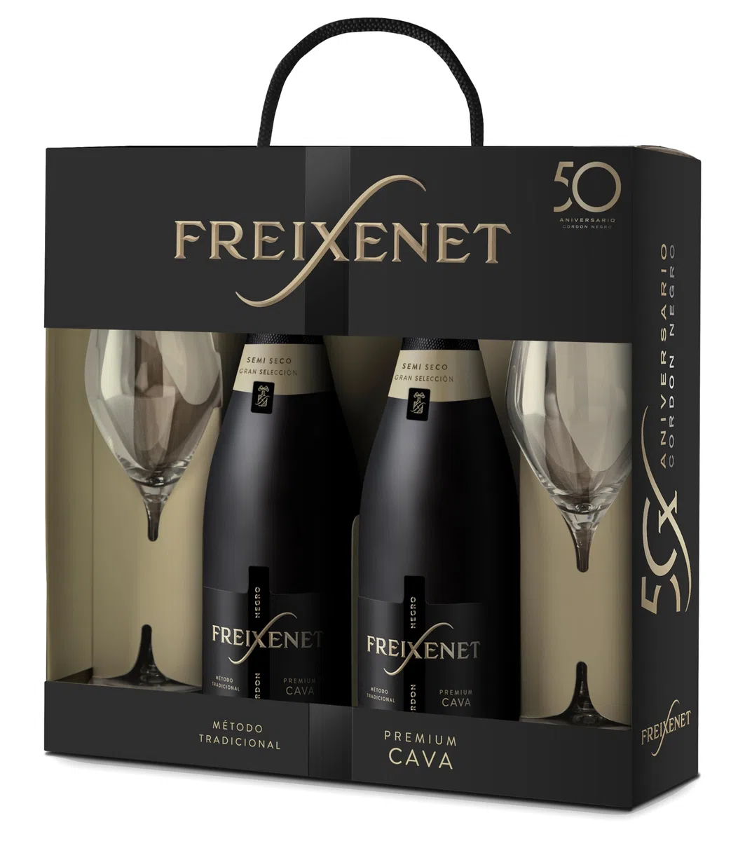 Freixenet Cava Cordón Negro, Parellada, Macabeo y Xarel·lo, Estuche de 2 botellas y 2 Copas - Semi Seco
