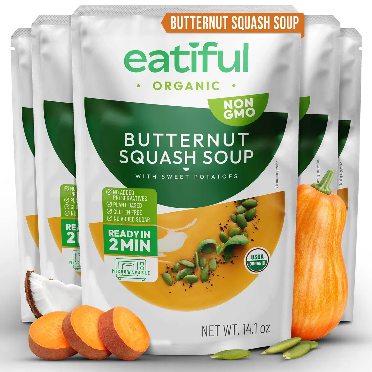 EATIFUL Sopa de Calabaza Moscada, Deliciosa Sopa de Calabaza Moscada Lista Para Comer con Boniatos, Elaborada con Verduras Ecológicas, de Origen Vegetal, sin Gluten y OMG, 400g (Paquete De 5)
