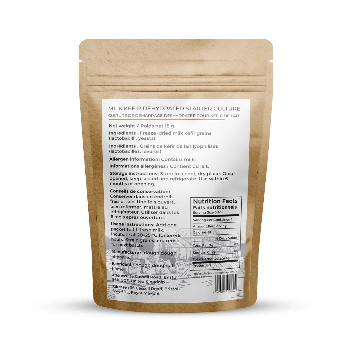 Dough Dough en Casa Granos de Kéfir de Leche, Cultivo Inicial, 15 g – Deshidratado y Fácil de Usar