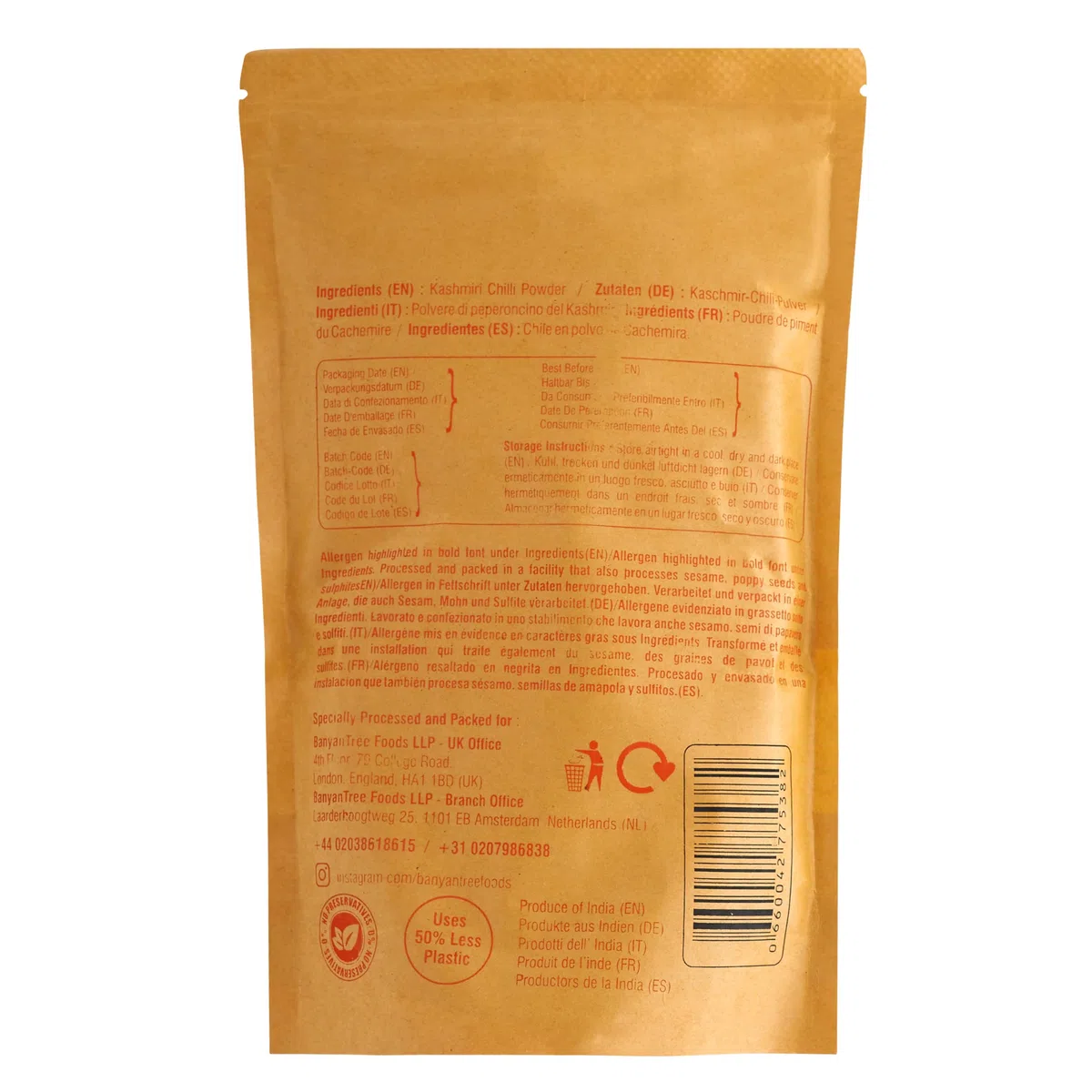 BanyanTree Foods Chiles rojos de Cachemira (Kashmiri Chilli Powder) 500g