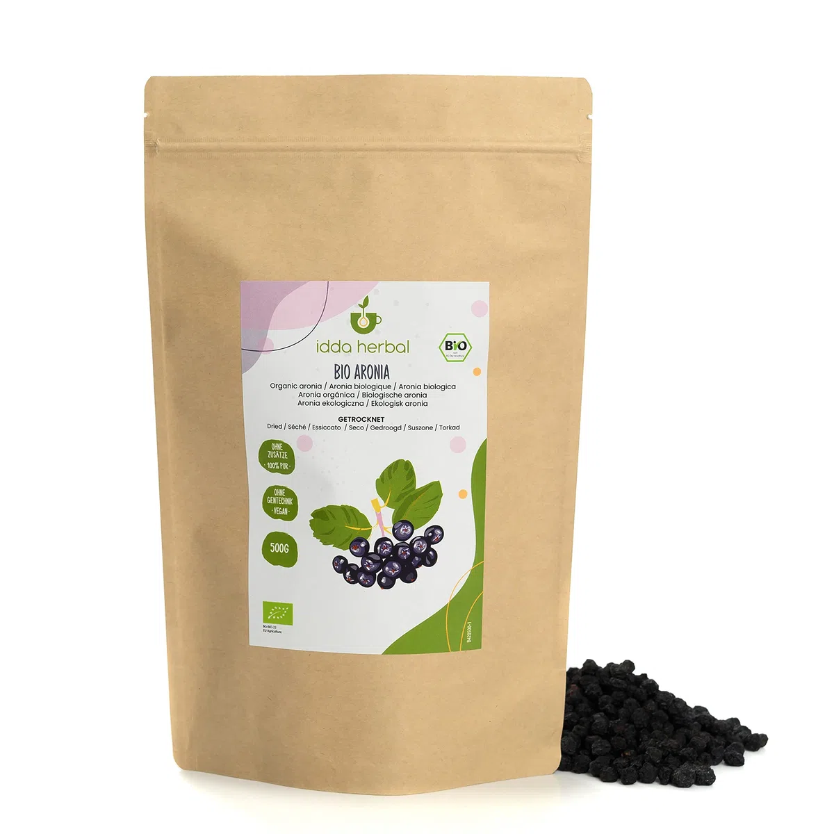 IDDA Herbal Bayas de Aronia Secas Orgánicas 500g, Aronia Deshidratada sin Azúcar, Snack de Fruta
