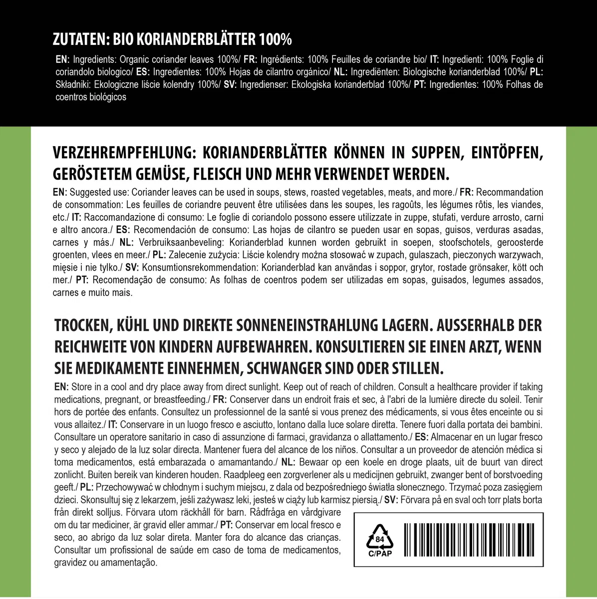 Alpi Nature Cilantro Hojas Orgánicas 100g, Hojas de Cilantro Orgánico Secas y Cortadas para Cocinar