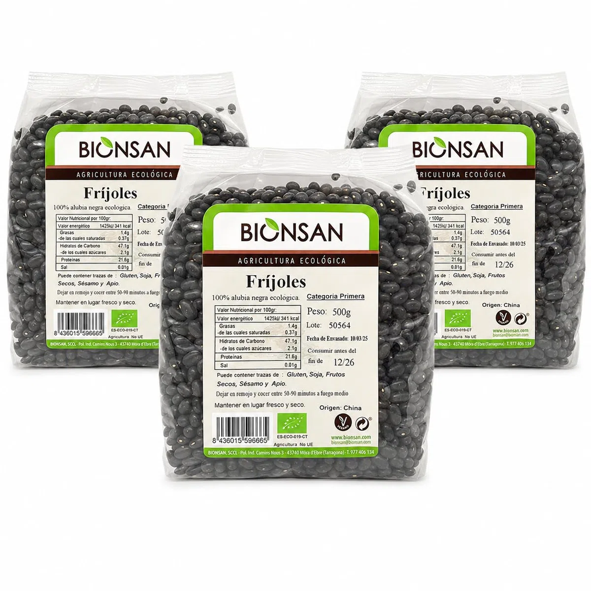 Pack 3 Frijoles Bionsann Bio 500 g, 1,5 kg total, legumbre ecológica en grano, 100% frijoles, alubias negras, veganas, sin lactosa, sin huevo y sin azúcar, formato ahorro.