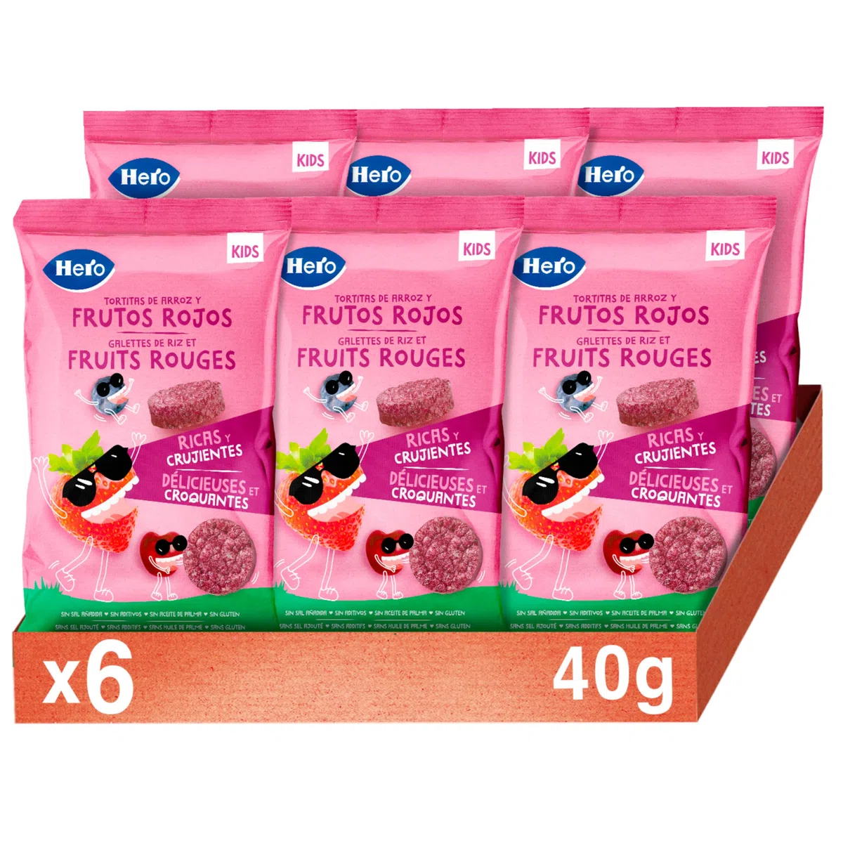 Hero Snack Tortitas de Arroz y Frutos Rojos sin aditivos ni aceite de palma- Pack de 6x40gr