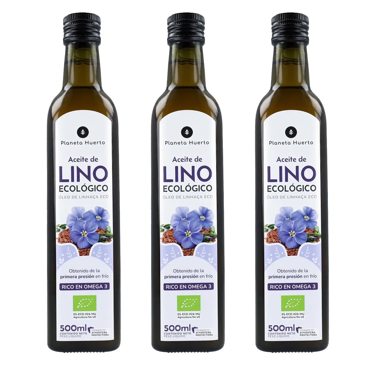 PLANETA HUERTO | Pack 3x Aceite de Lino Ecológico Prensado en Frío 500 ml, Fuente Natural de Omega 3 y Omega 6, 100% Puro, Sin Aditivos - Aceite de Lino Ideal para Ensaladas, Batidos y Dietas Veganas