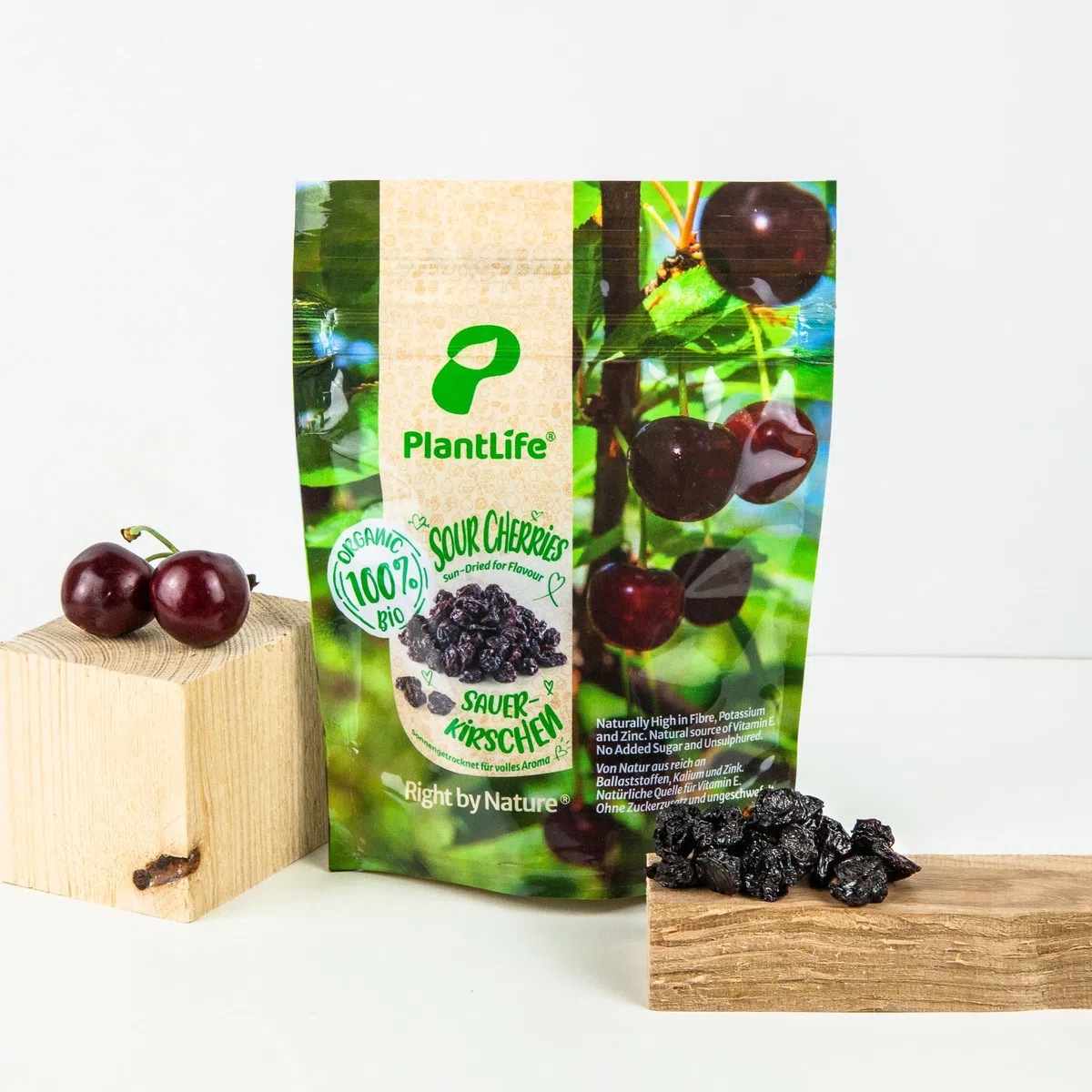 PlantLife Cerezas ácidas BÍO 1kg – cerezas naturales – crudas – sin hueso y secadas al sol - 100% reciclable