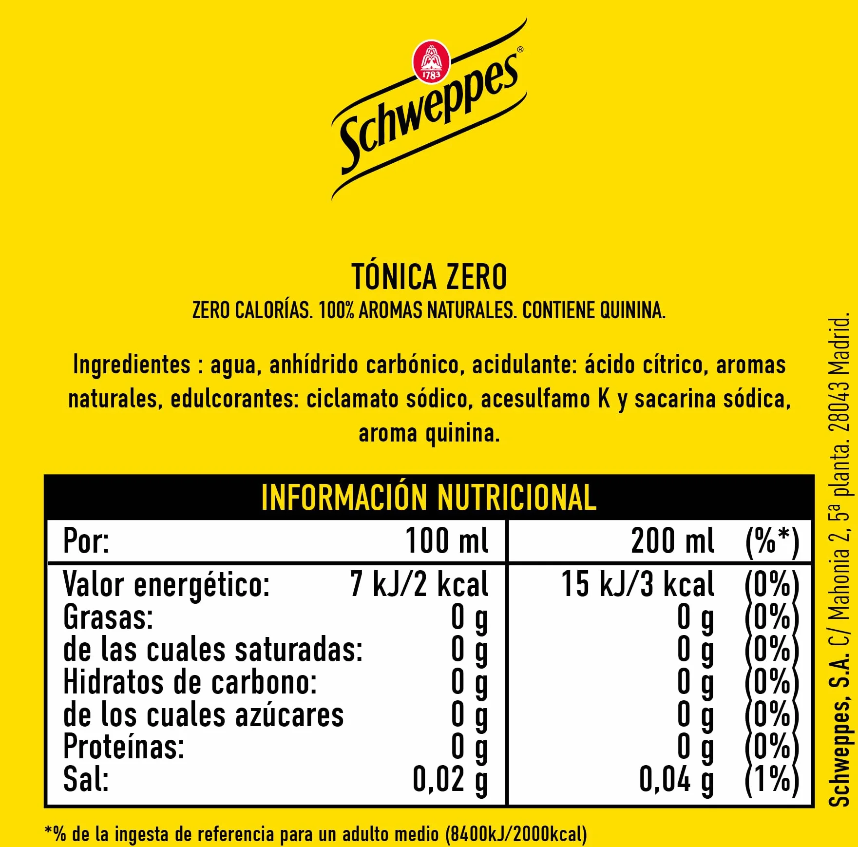 Schweppes Tónica Zero, Sin Azúcar ni Calorías - Botella PET, Pack 12 x 1 L