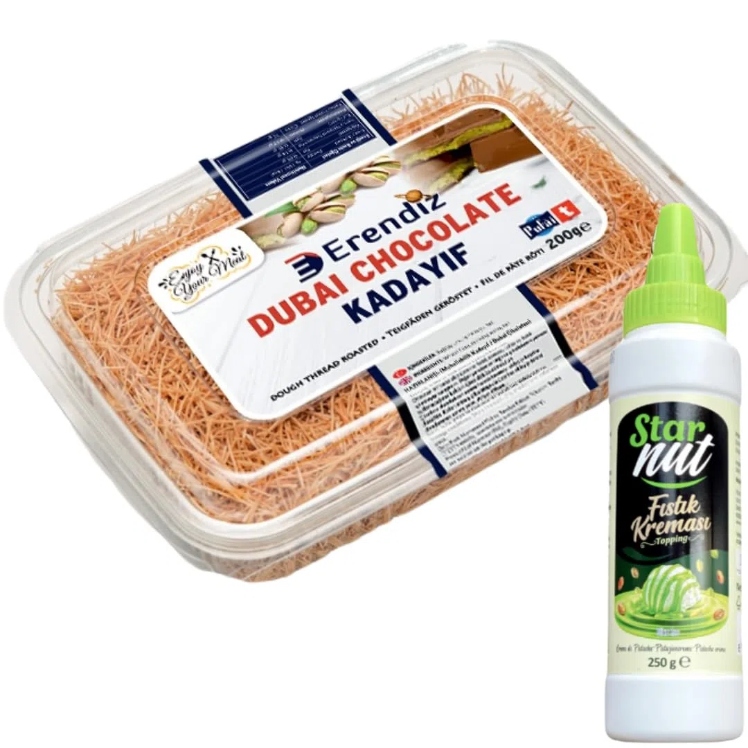 Kadayıf tostado para chocolate Dubai, tostado kadaifi listo para usar Kadaifi, hilo de masa de pelo de ángel Kataifi 200 gramos con crema de pistacho 250 gramos tubo de Pufai