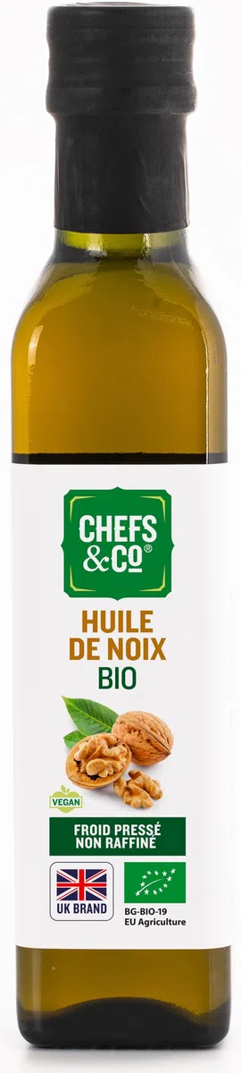 CHEFS & CO Aceite de nuez prensado en frío orgánico (sin refinar) -250ml |100% natural | Rico en Omega-3 y Omega-6 y fitonutrientes | Vegano | Sin gluten | No GMO