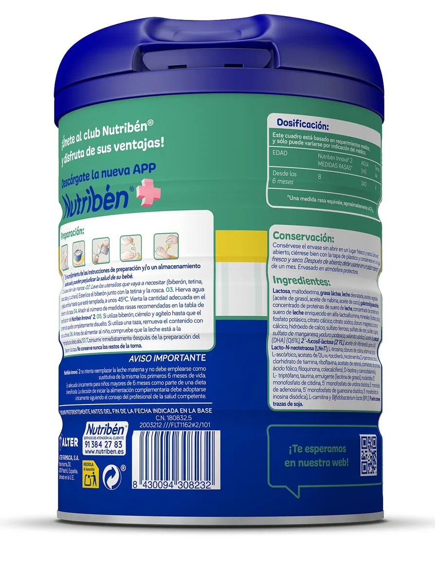 Nutribén Innova 2 - Leche de Fórmula en Polvo de Continuación | Bebé a Partir de los 6 Meses | sin Aceite de Palma | con Cacito Dosificador| Con OLM, BPL1 y DHA | 1 Bote de 800g