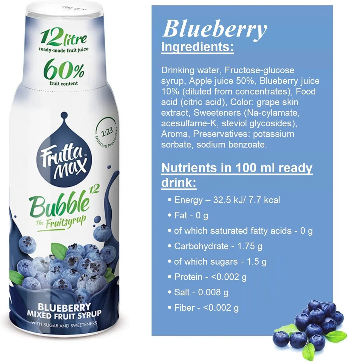 8 paquetes - FruttaMax - Concentrado de jarabe de frutas | Menos azúcar | con un 60% de contenido de fruta | adecuado para máquina de refrescos (8 x 500 ml) (8 x Arándano)
