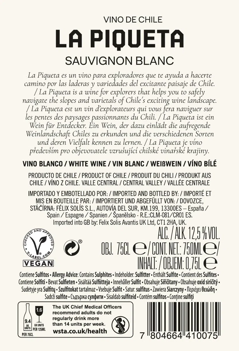 La Piqueta Sauvignon Blanc - 6 botellas x 750ml - Total:4500ml