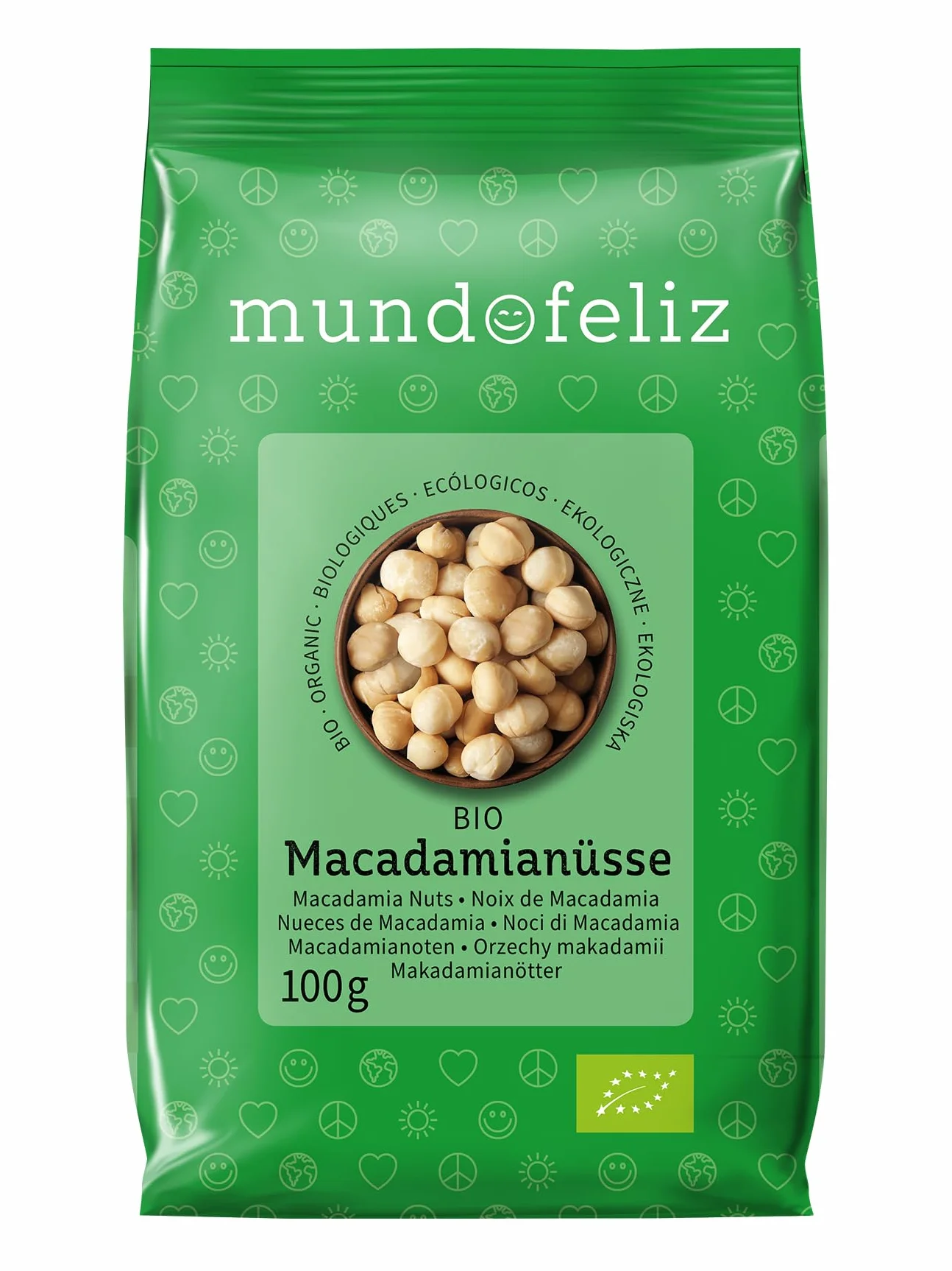 Mundo Feliz - Nueces de macadamia ecológicas crudas, 5 bolsas de 100 g