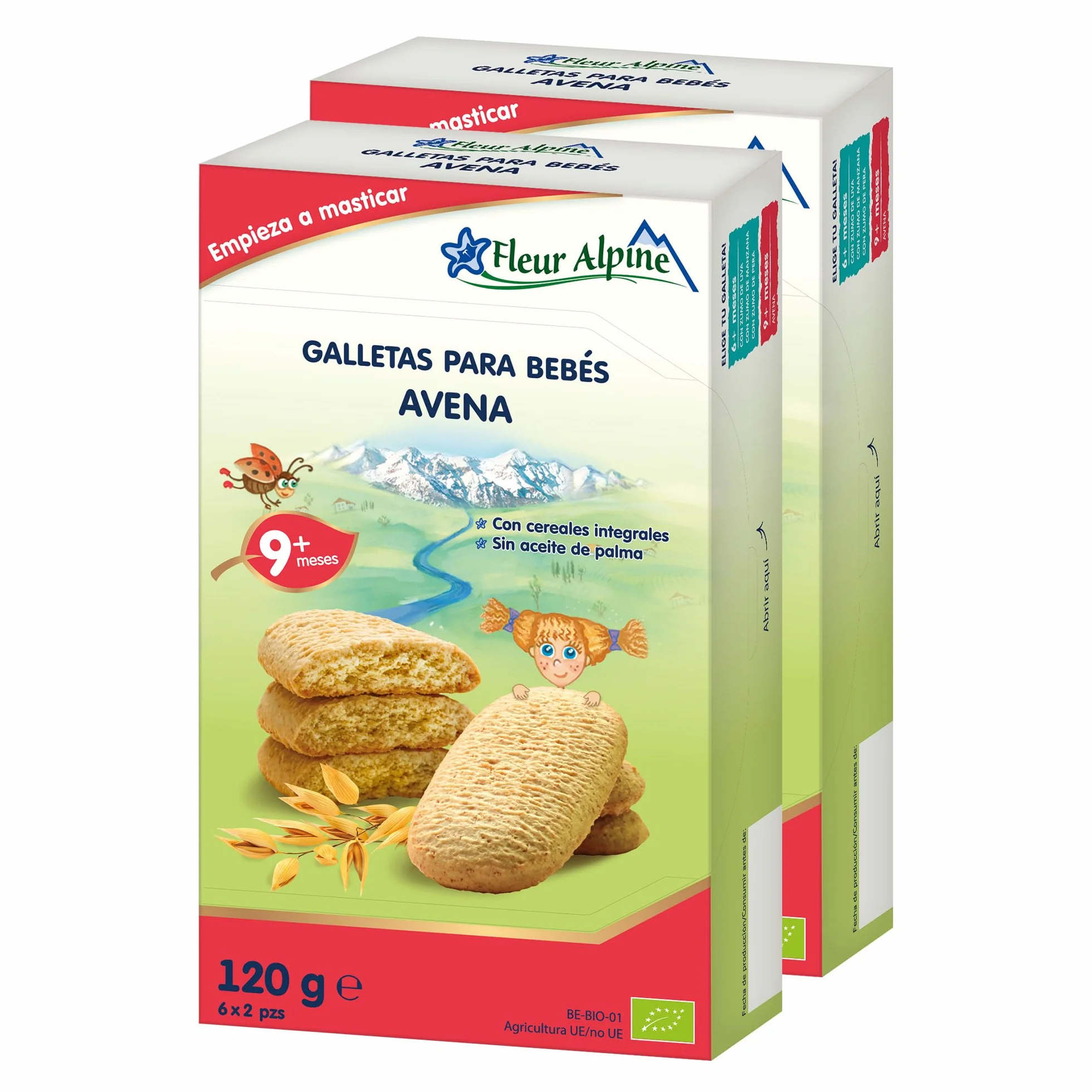 FLEUR ALPINE Baby Galletas para Gachas de Desayuno Suaves o Refrigerio Diurno | 12x2 Bocadillos de Avena Orgánica | Galletas Nutritivas y Fáciles de Comer Integrales | 9 Meses